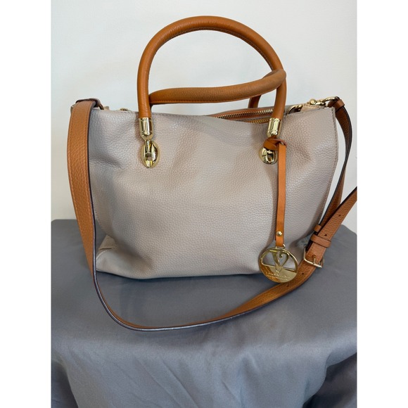 Valentina Handbags - Valentina Italy Pebbled Leather Satchel Crossbody Bag Taupe Cognac Two Tone